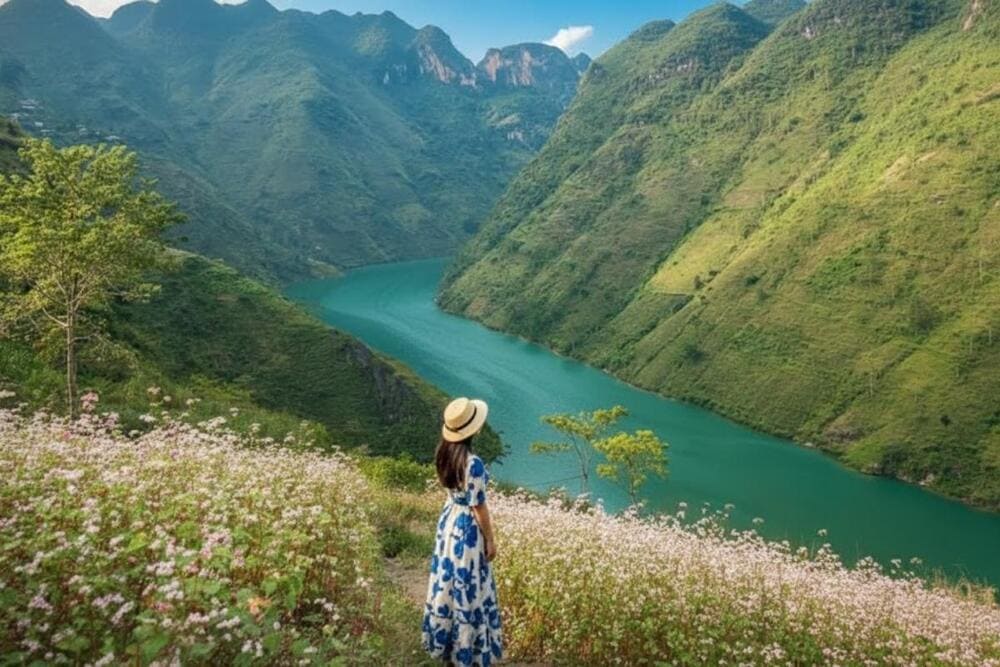 Sông Nha Quế như một dải lụa uốn lượn theo triền đồi.